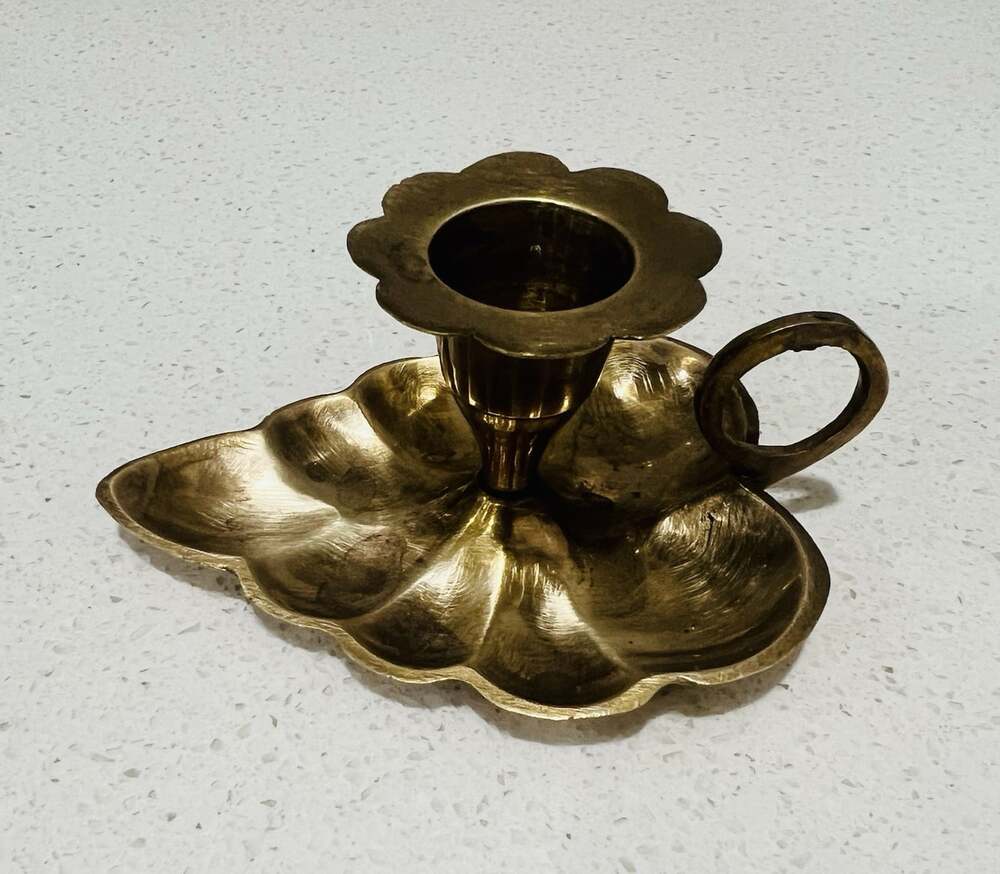 Vintage Brass Floral Chamberstick Candle Holder Handled Flower Design